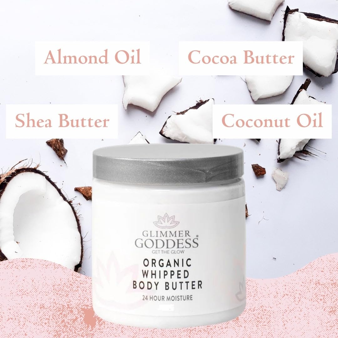 Glimmer Goddess Organic Whipped Body Butter for Women - Moisturizer Cream with Shea & Cocoa Butter, Almonds & Coconut Oil - Spiced Orange, 8oz