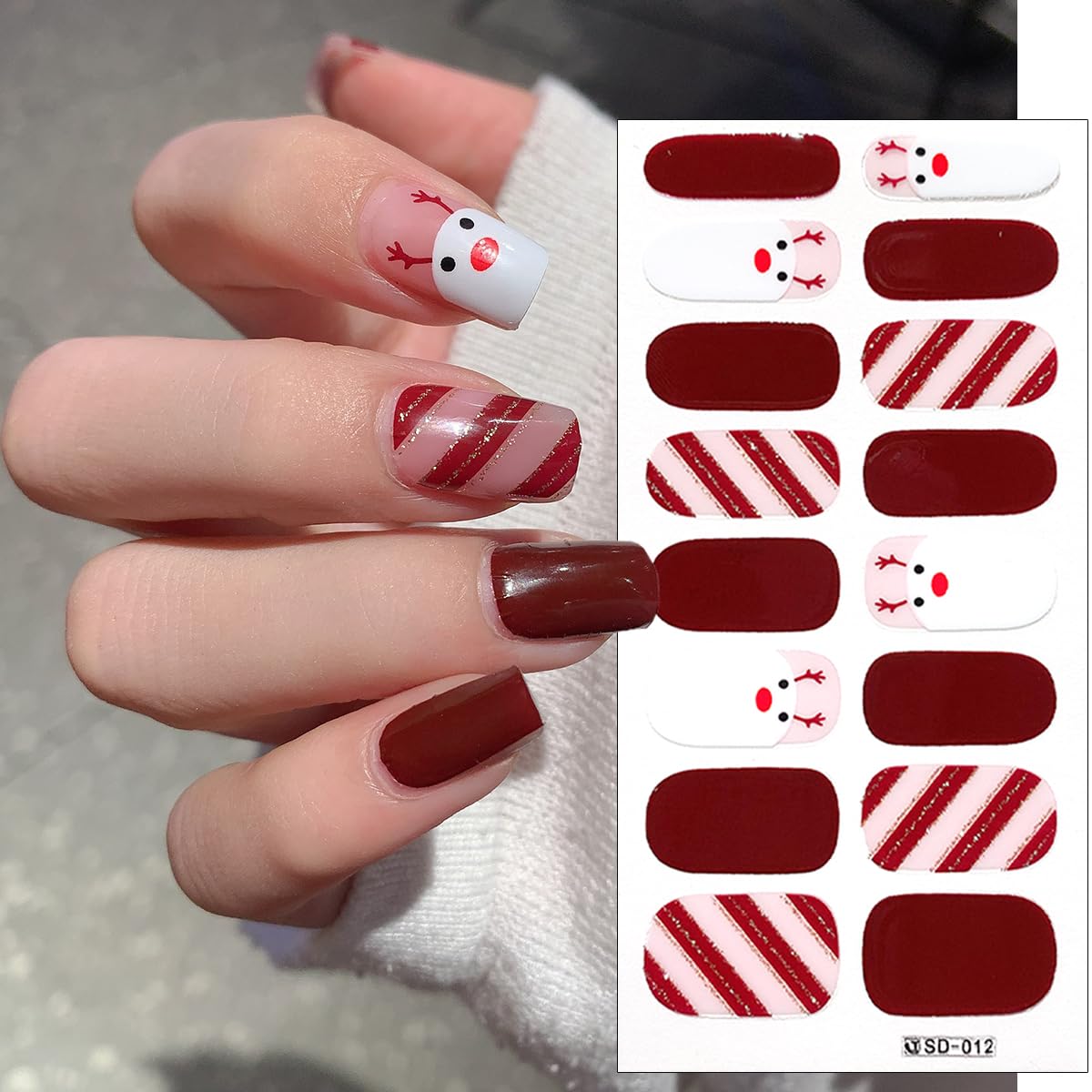 6Sheets Winter Gel Nail Stickers Christmas Full Wrap Gel Nail Strips Glitter Xmas Trees Reindeer Snowmen Nail Polish Stickers Cute Santa Claus French Gel Nail Decals Christmas Stickers for Nail Art