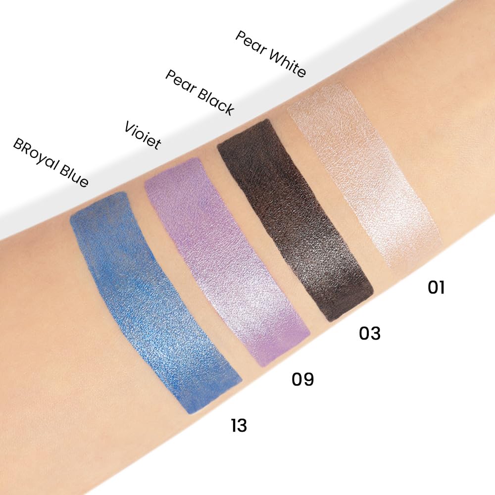 Kaely 4Pcs Metallic Shimmer Eye Shadow Sticks Set, Pearl White Pearl Black Vioiet Purple Royal Blue, Eyeliner Pencil Eyeshadow Palette Halloween Makeup, Eye Highlighter Brightener Stick for Women