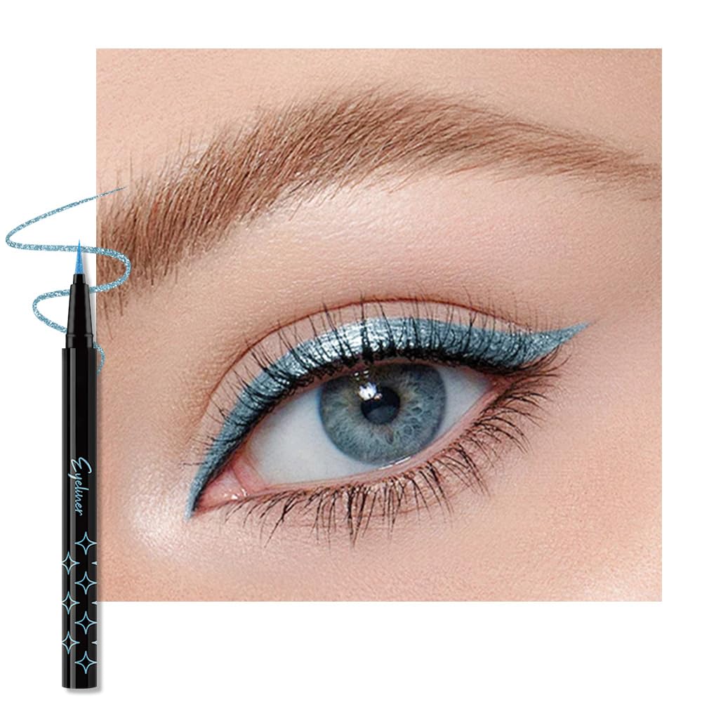 Sky Blue Metallic Glitter Liquid Eyeliner Pen – Long-Lasting Sparkly Waterproof Eyeliner for Women & Men – Tattoo-Effect Eye Makeup for Parties – Delineador de ojos líquido con 08