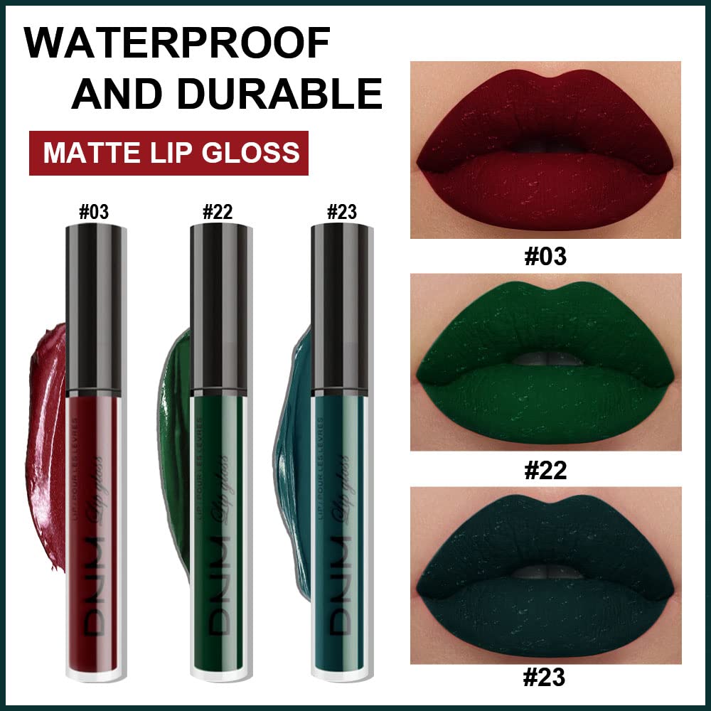 evpct 3Pcs Dark Color Colored Red Emerald Green Matte Liquid Lipstick Make up Set 24 Hour Long Lasting Waterproof Smudge Proof Deep red Green Liquid Lipstick Matte Lip Stain Gloss Liner Kit 8