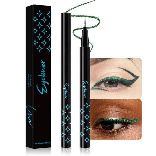 Emerald Green Metallic Glitter Liquid Eyeliner Pen – Long-Lasting Sparkly Waterproof Eyeliner for Women & Men – Tattoo-Effect Eye Makeup for Parties – Delineador Líquido con Brillo 07