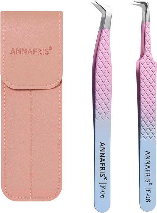Eyelash Extension Tweezers,Fiber Tip Grip Boot Volume Lash Tweezers,Professional Pointed Lash Extension Tweezers for Easy Lash Application and Removal(2Pcs-F06/08)