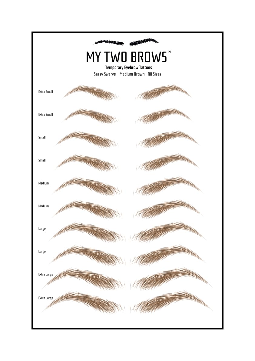 (10 pairs) Medium Brown Temporary Eyebrow Tattoo - Large Size - Waterproof & Smudgeproof - Sassy Swerve Style Eyebrow Stickers - Sheet Lasts up to 30 Days - Won't Work on Existing Brows