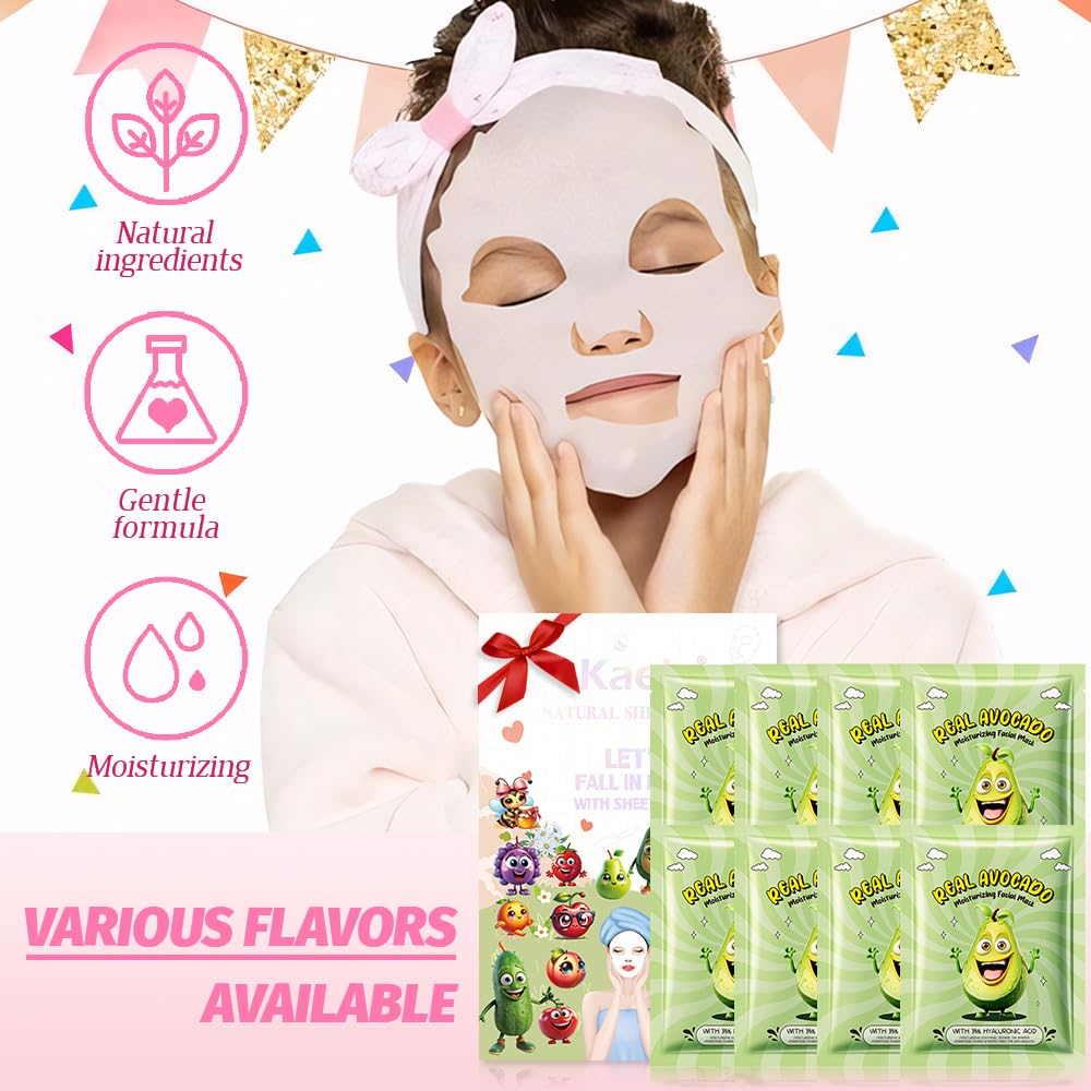 8 Pack Avocado Fruit Face Masks for Kids,Hydrating Spa Face Mask For Sensitive Skin,Moisturize,Soothing,Nourish for All Skin Types,Natural Spa Face Mask for Women Men Girls