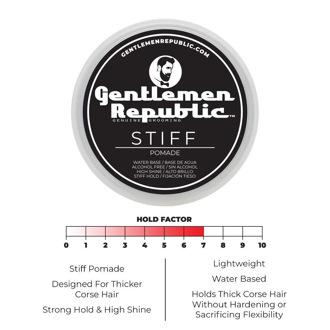 Gentlemen Republic 8oz Stiff Hair Pomade - Lightweight All-Day Hold with High Shine Finish, Alcohol-Free and Paraben-Free Formula, Suitable for Thick Hair