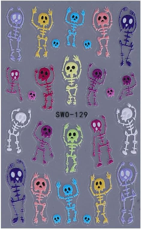 Halloween Nails Stickers Colorful Skull Nails Sticker 3D Embossed Skeleton Skull Self Adhesive Sticker Nail Decals Skeleton Body Nail Art Decal Halloween Decals for Nail DIY Manicure 2Sheet