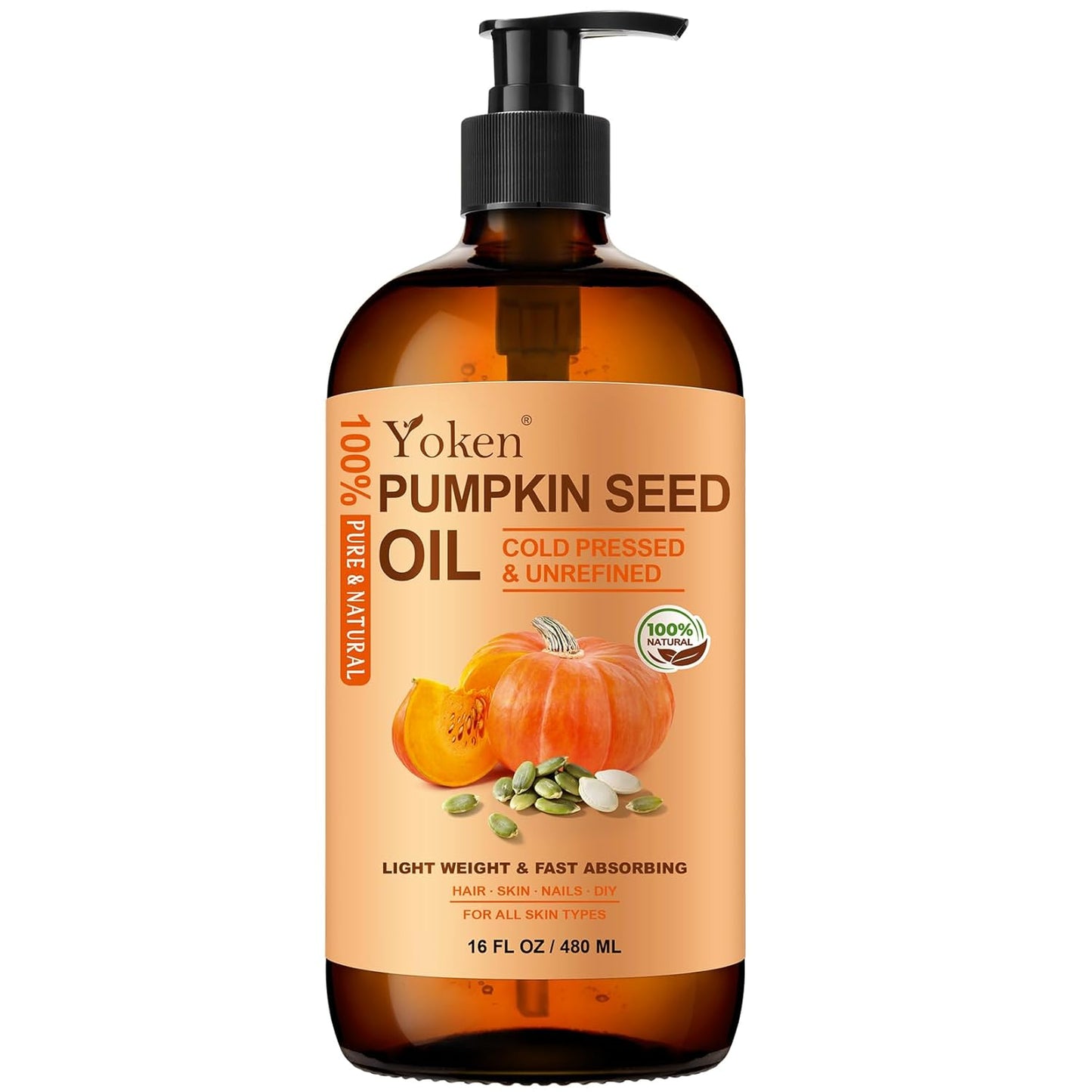 Yoken Cold-Pressed Pumpkin Seed Oil for Hair, Glass Bottle, 100% Pure & Natural Carrier, Massage Oils, Unrefined, 16 Fl Oz with Pump, Pumpkin Oil for Skin, Face, Nails, Body Moisturizer, Hexane-Free