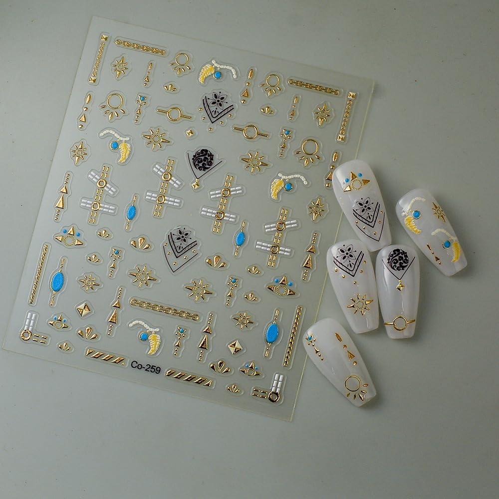 Gold Fall Nail Art Stickers 5D Embossed Geometric Bohemian Nail Stickers, Self-Adhesive Durable Nail Art Decals for Women Girls, Nail Wraps Decoration Manicure for DIY Acrylic Nail Accessories