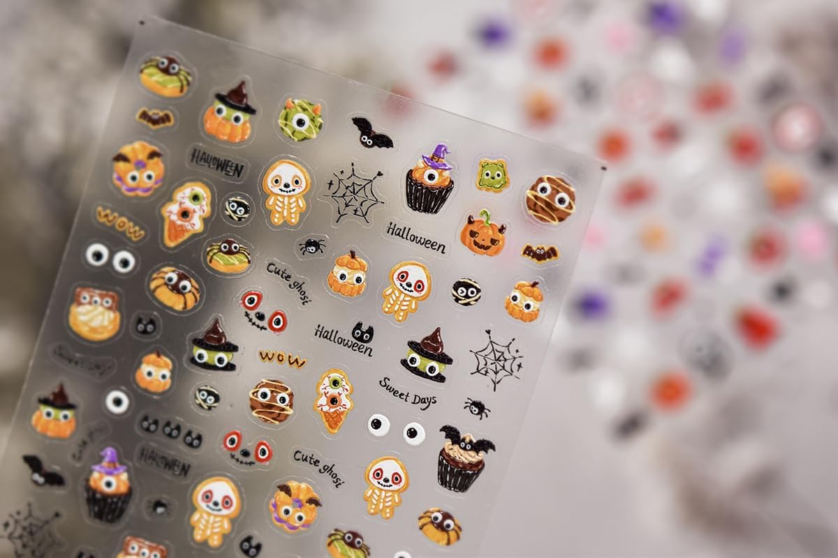 5D Halloween Nail Stickers Cute Nail Art Decals Self-Adhesive Cute Bear Horror Pumpkin Evil Eyes,Halloween-Themed Design DIY Holiday Decoration for Women Kids Party 1 Sheet