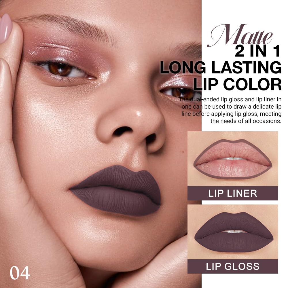 Kaely 2-in-1 Matte Lipstick and Lip Liner, Liquid Lip Stain Makeup for women Long Lasting Waterproof Smudge Proof, labiales matte mate larga duracion listip 24 hours originales, 04 Deep Brown