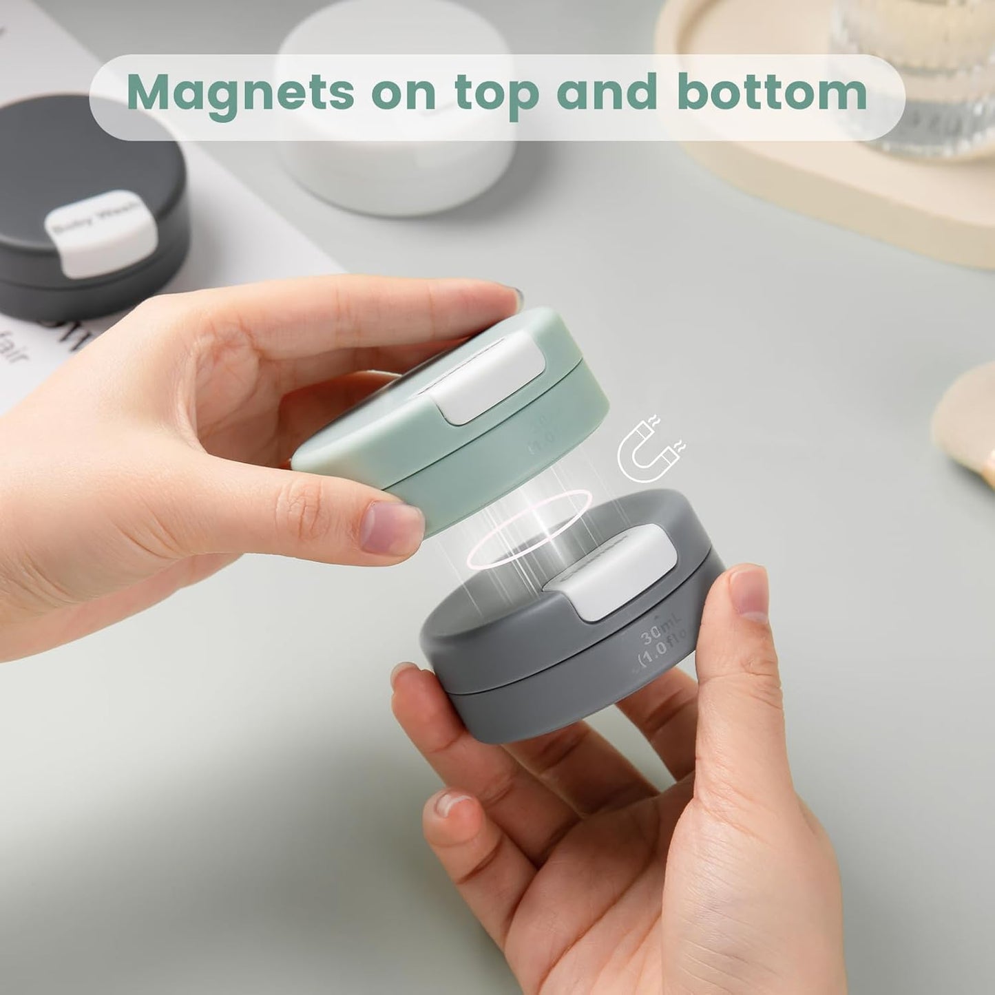 Gemice Travel Containers for Toiletries, Magnetic Travel Containers, TSA Approved Cream Jars with Toiletry Bag, Leak-proof Small 1oz Capsules Set with Multiple Labels for Organization (4 Pack)