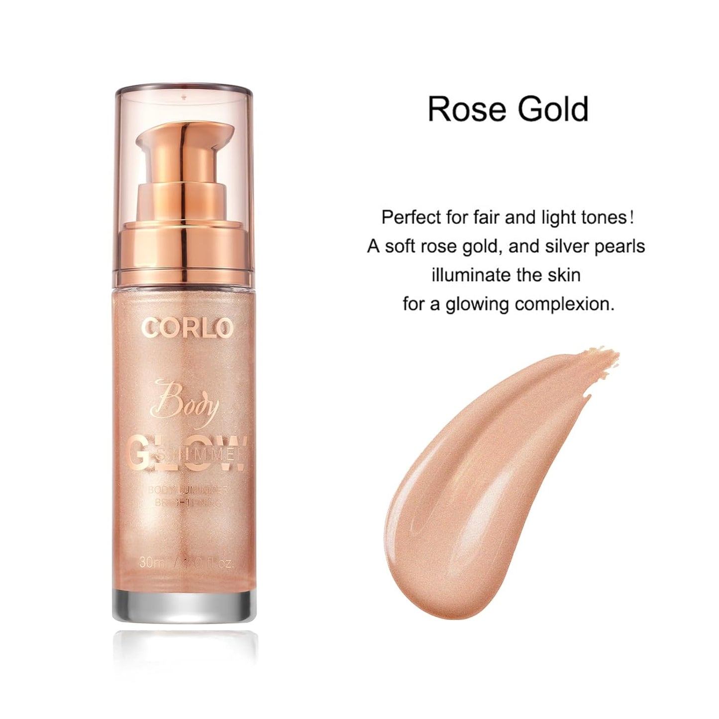 Corlo Body Shimmer Oil Liquid Glitter Face Luminizer Glow Highlighter Waterproof Long Lasting Moisturizing Luminizer FaceProm Party Makeup Brush Include(Rose Gold, Body Oil)