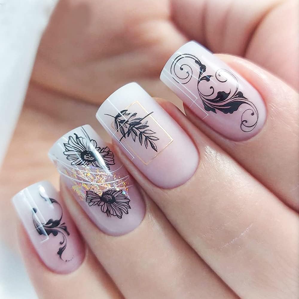Black Flowers Nail Stickers, Floral Nail Art Decal 3D Self-Adhesive Lace Retro Flower Vine Leaf Decals for Women Nail Designs Decoration (373-384)