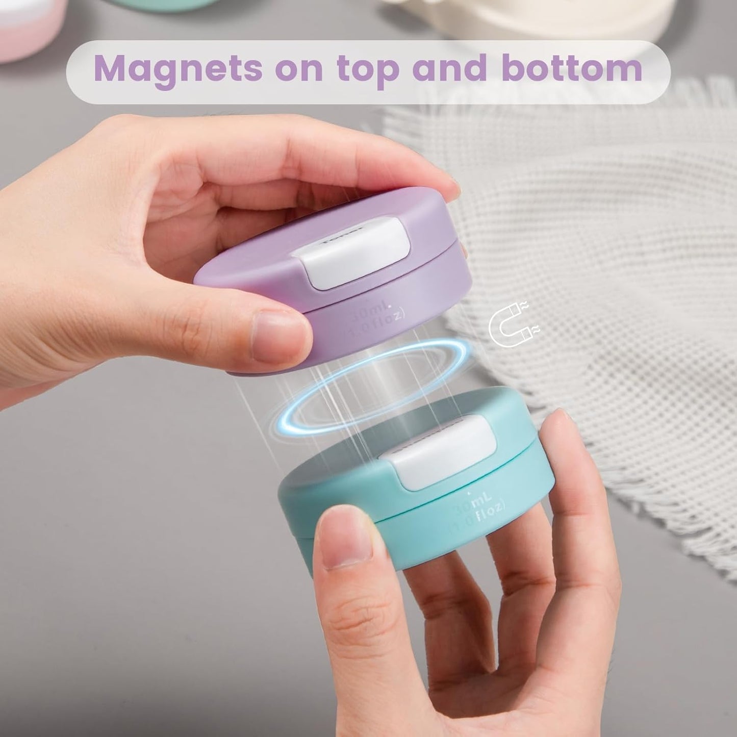 Gemice Travel Containers for Toiletries, Magnetic Travel Containers, TSA Approved Cream Jars with Toiletry Bag, Leak-proof Small 1oz Capsules Set with Multiple Labels for Organization (4 Pack)