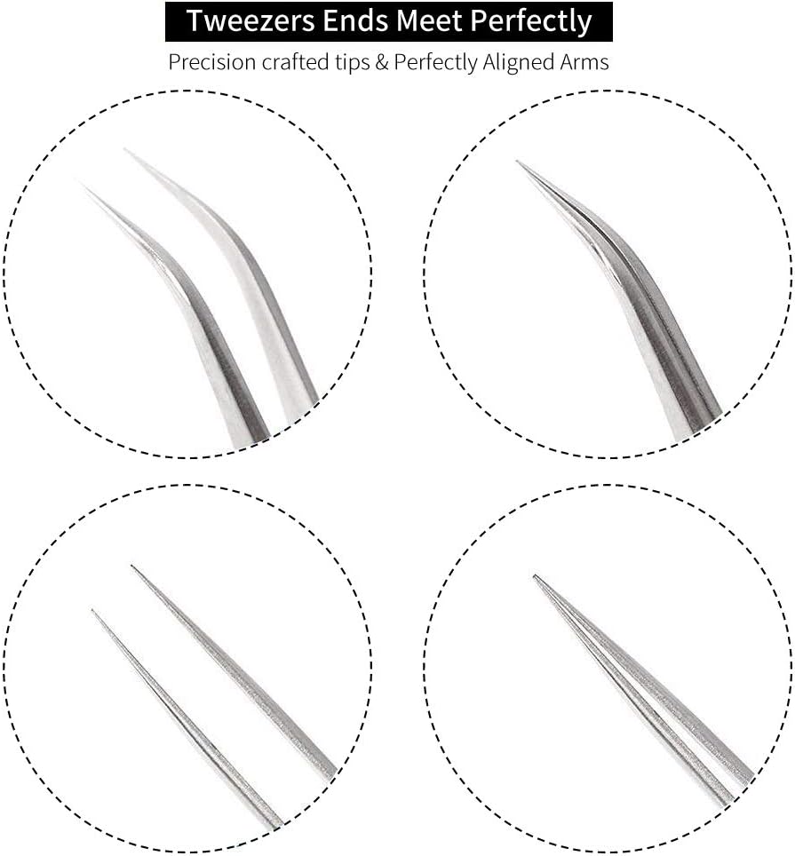 Best Eyelash Extension Tweezer Set - FEITA Pro Straight & Curved Pointy Precision Fine Tip Tweezers for Lash Extensions - Silver - 2Pcs