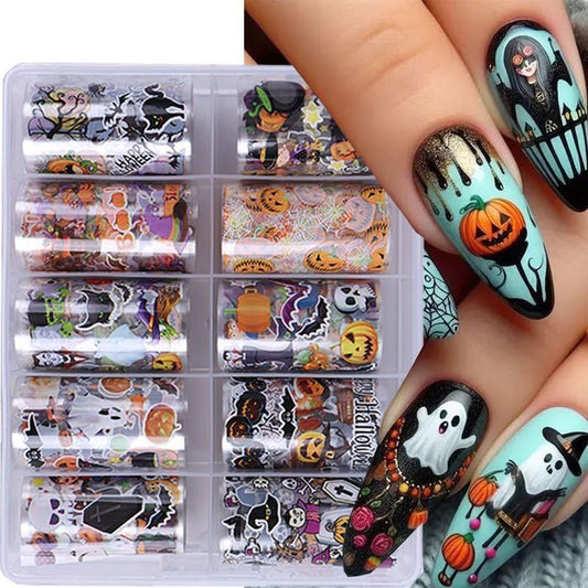Halloween Nail Foil Transfer Stickers 10 Rolls Orange Pumpkins Skull Nails Stickers Funny Black Hat Nail Foils 1 Box Colorful Starry Sky Paper Nail Decals Halloween Nails Art Sticker Nails Art Decals