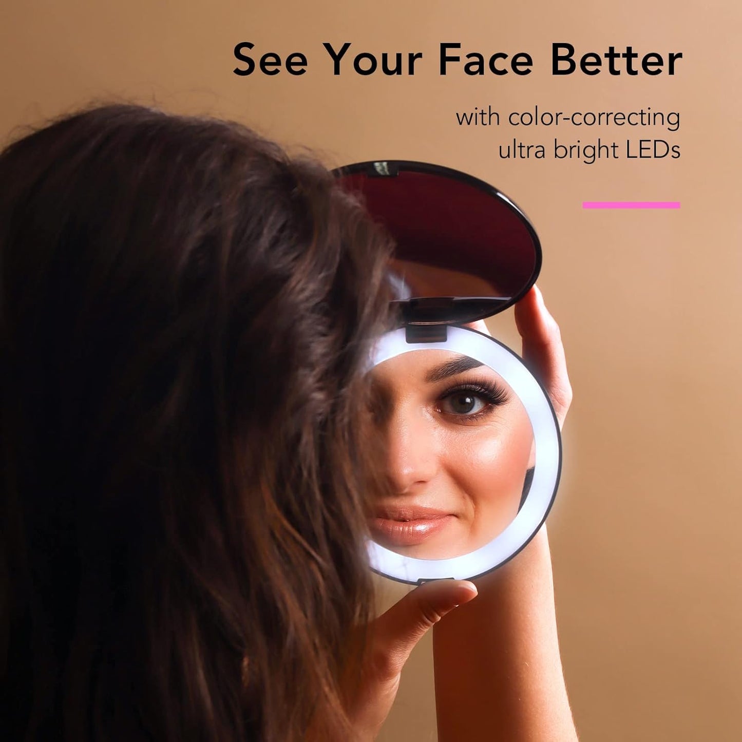 Fancii Taylor LED Lighted Travel Makeup Mirror, Rechargeable with 10x/1x Magnifying & 3 Light Settings - Compact, Portable, Large 5” Wide Hand Mirror for Handbag and Purses (Black)