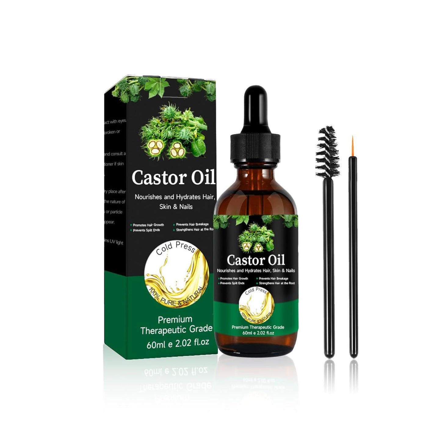 Jamaican Black Castor Oil - 100% Pure Organic Cold Pressed for Hair Growth, Eyelash/Eyebrow Serum, Scalp and Nail Care, Glass Bottle (2.02 Fl Oz) (small, castor)