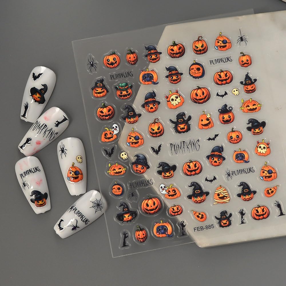 Halloween Nail Art Stickers 5D Embossed Pumpkin Bat Nail Stickers, Self-Adhesive Durable Nail Art Decals for Women Girls, Nail Wraps Decoration Manicure for DIY Acrylic Nail Accessories