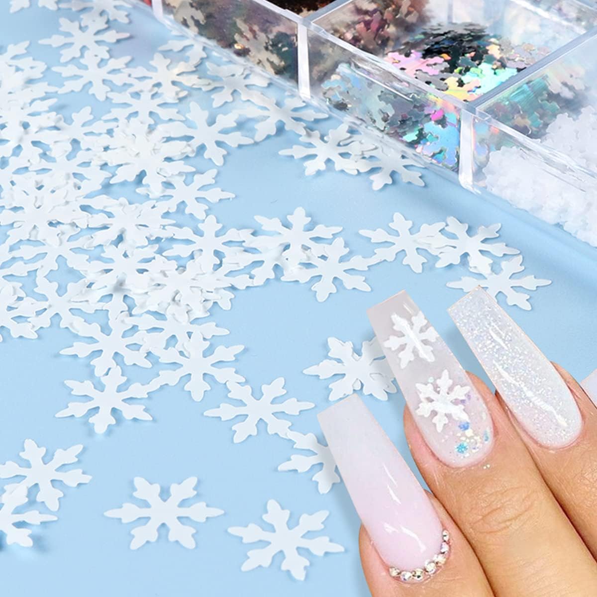6 Grids Snowflake Nail Art Stickers Decals 3D Glitter Sequins Holographic Laser White Gold Silver Christmas Nail Art Flakes Winter Xmas Snow Glitter