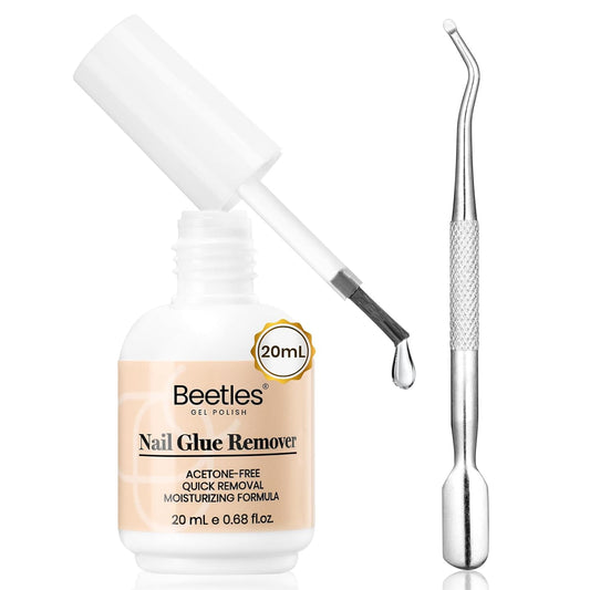 Beetles Nail Glue Remover with Cuticle Pusher, 20ml Press on Nails Glue Remover for False Nail Tips Acrylic Adhesive, Not for U v Gel DIY at Home