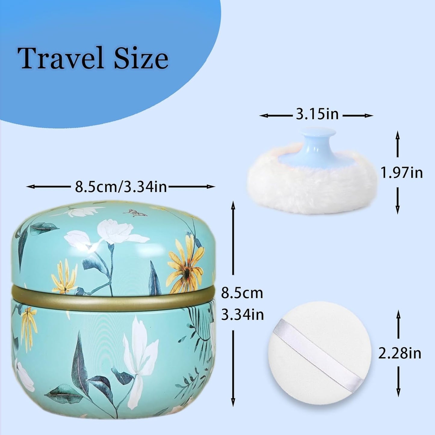 SHIMIDO Body Powder Puff and Container, 3.15" Portable Empty Body Powder Container for Baby Women's Loose Dusting Powder, Powder Case Box with Lids for Bath, Travel and Home Use (Cyan Flower)
