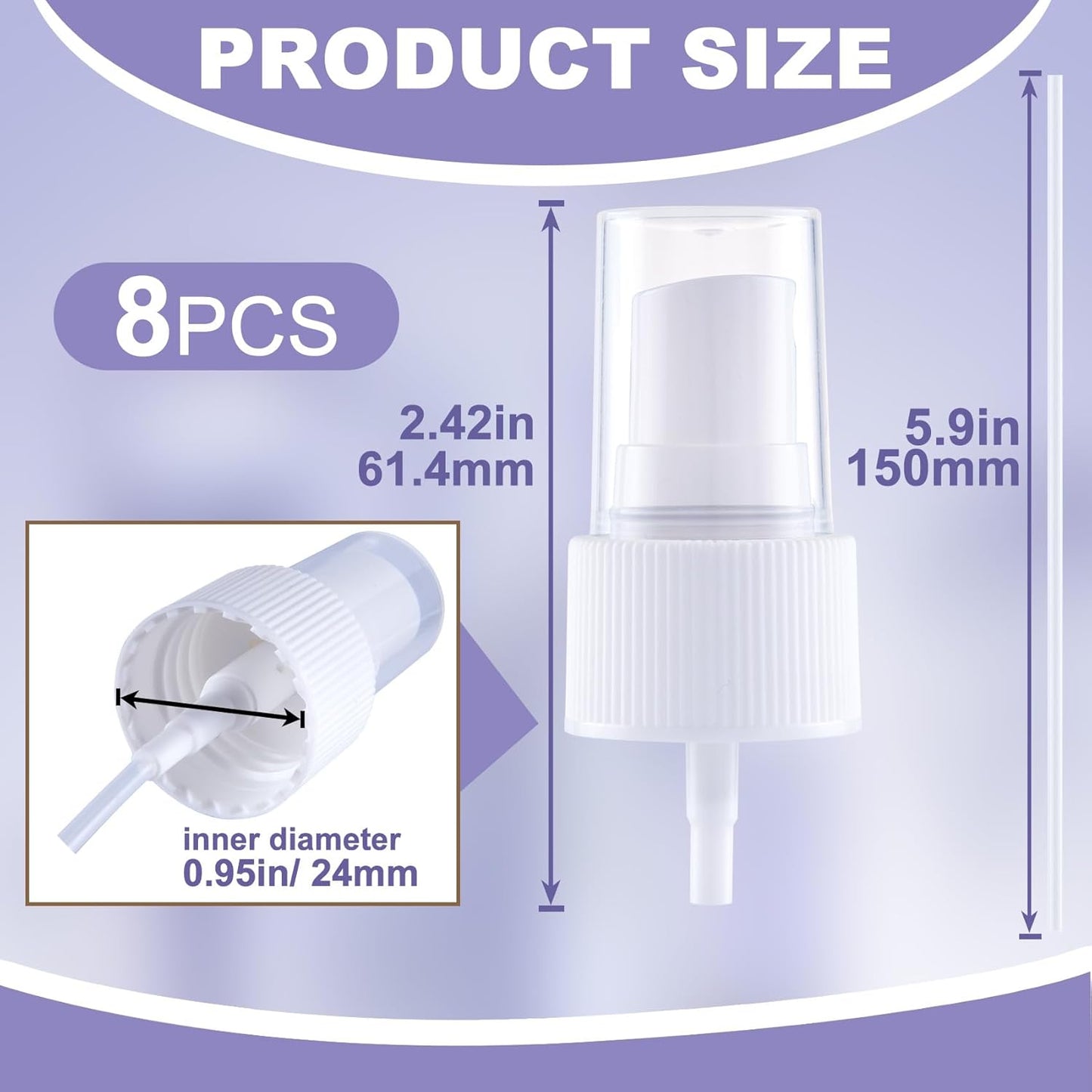 8pcs Spray Bottle Top, Fine Mist Spray Nozzle with 5.9" Dip Tube, Trigger Sprayer Pump Replacement for Perfumes Essential Oil Cleaning Solution- White