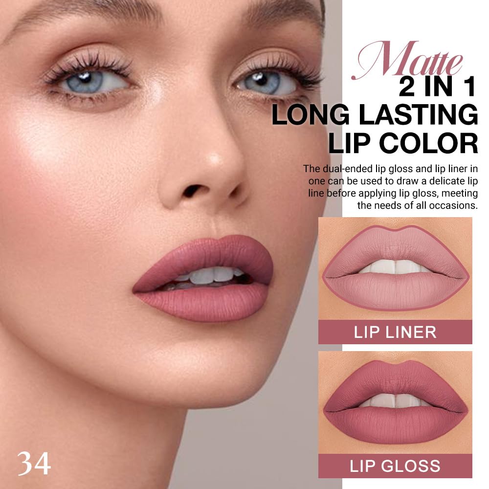 Kaely 2-in-1 Matte Lipstick and Lip Liner, Liquid Lip Stain Makeup for women Long Lasting Waterproof Smudge Proof, labiales matte mate larga duracion listip 24 hours originales, 34 Mauve