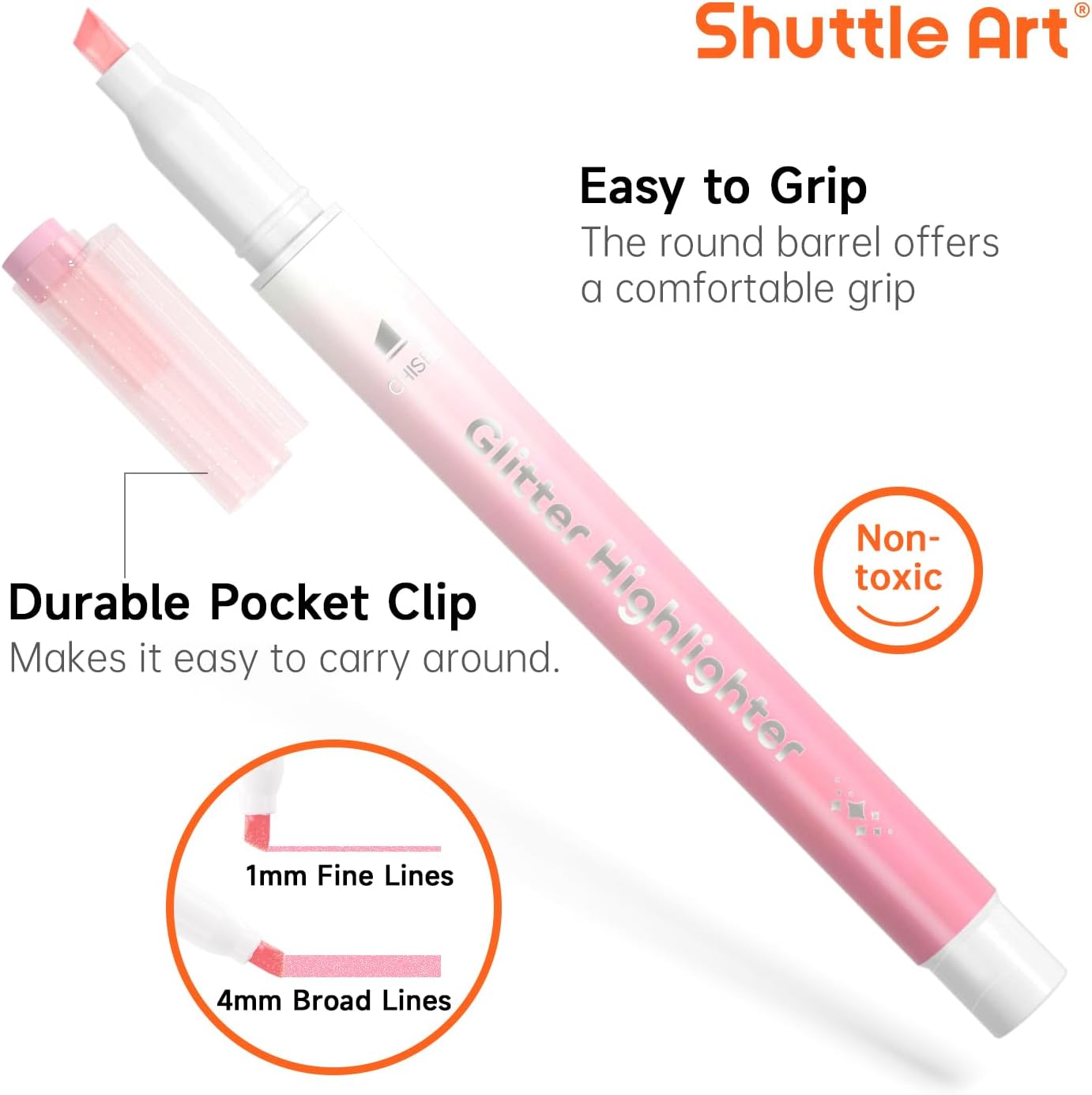 Glitter Highlighters, Shuttle Art 10 Sparkle Colors Chisel Tip Fluorescent Markers, Quick-Dry Non-Toxic Aesthetic Shimmer Highlighter Pens for Kids Teens Adults, Perfect for School Office Art Supplies