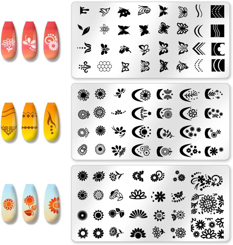 3Pcs Butterfly Nail Stamping Templates Flowers French Line Tip Art Stamp Image Plate Stainless Steel DIY Reusable Tools for Manicure Printing