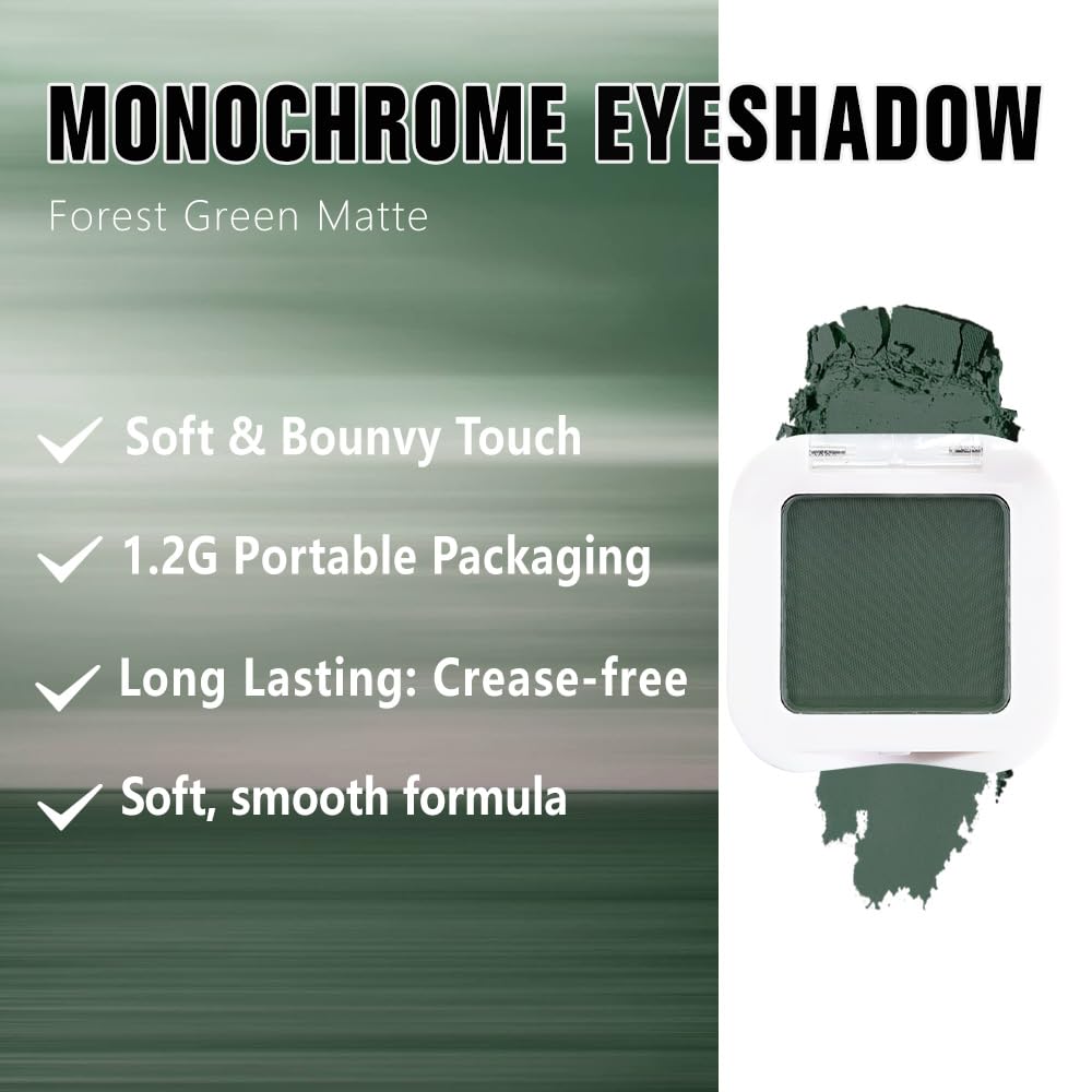 Buildable Matte Eyeshadow Makeup Palette Single - Forest Green Shades | Creamy Pressed Powder for Easy Blending | Mini Travel Palette for Women | Everyday Natural Eye Makeup