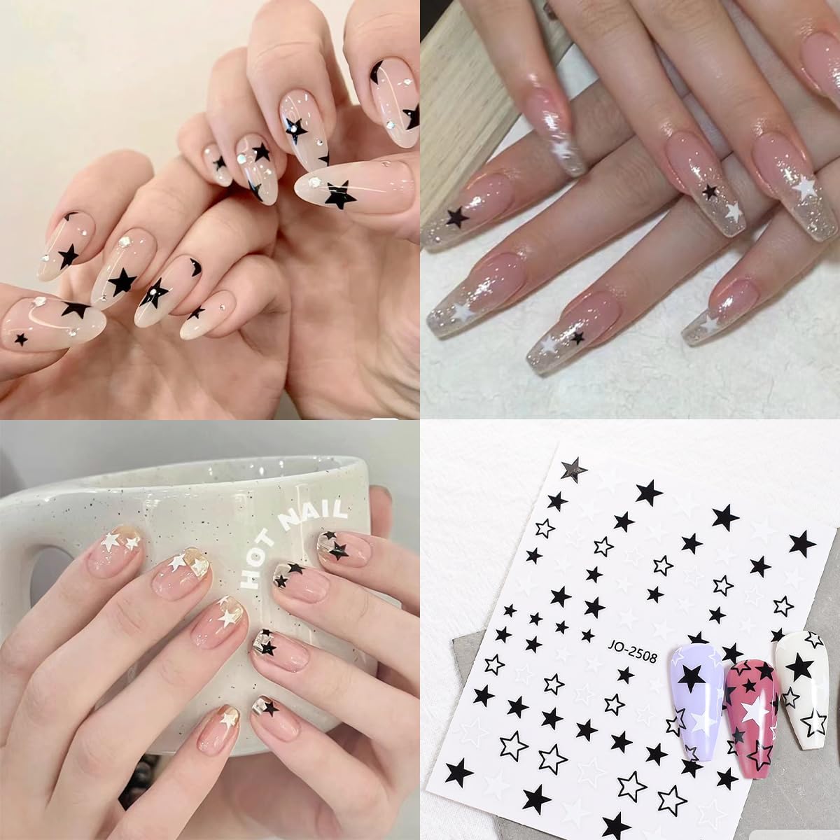 6 Sheets Black White Nail Art Stickers Star Nail Stickers Valentines Heart Nail Decals Cute Bow Hollow Out Hearts Stars Nail Design Sticker for Nail Art Decor 3D Starlight Bow Nail Supplies Charms DIY