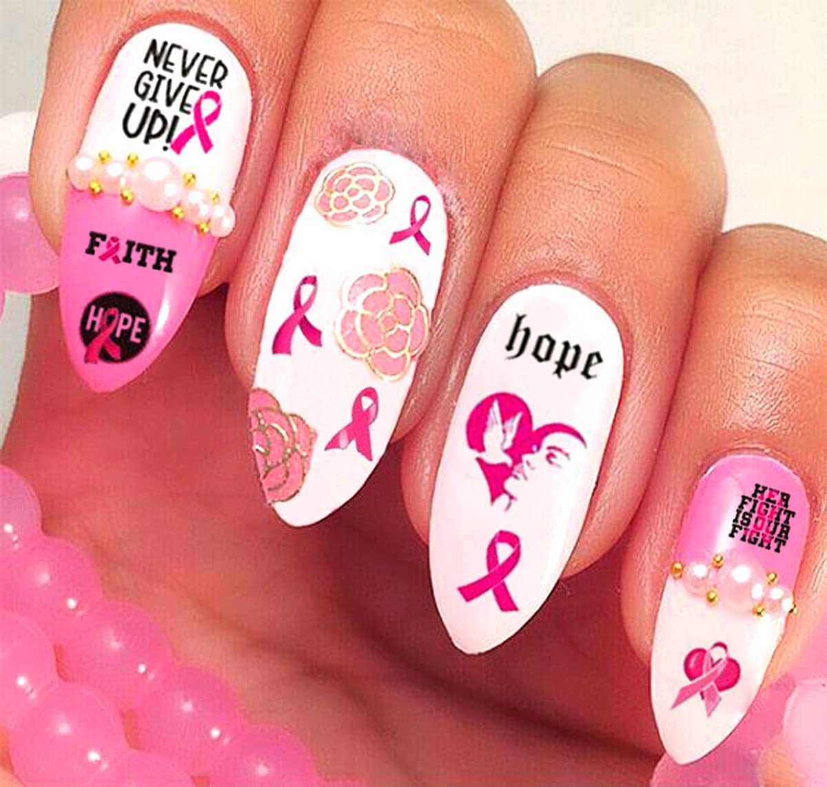 6 Sheets Breast Cancer Nail Art Stickers 3D Self-Adhesive Nail Decals Pink Ribbon Nail Stickers Heart Breast Cancer Awareness Nail Decoration for Women Girls DIY Manicure Tips Nail Charms