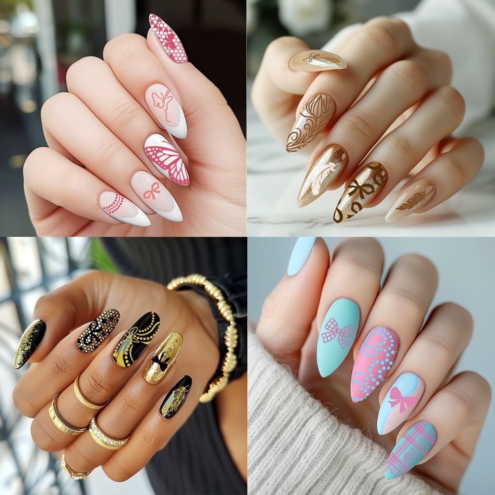 3Pcs Pearl Feathers Lace Nail Stamping Plate Bows Heart Wings Nail Stamping Templates French Tip Nail Art Stamp Image Plate Stainless Steel DIY Reusable Tools for Manicure Printing