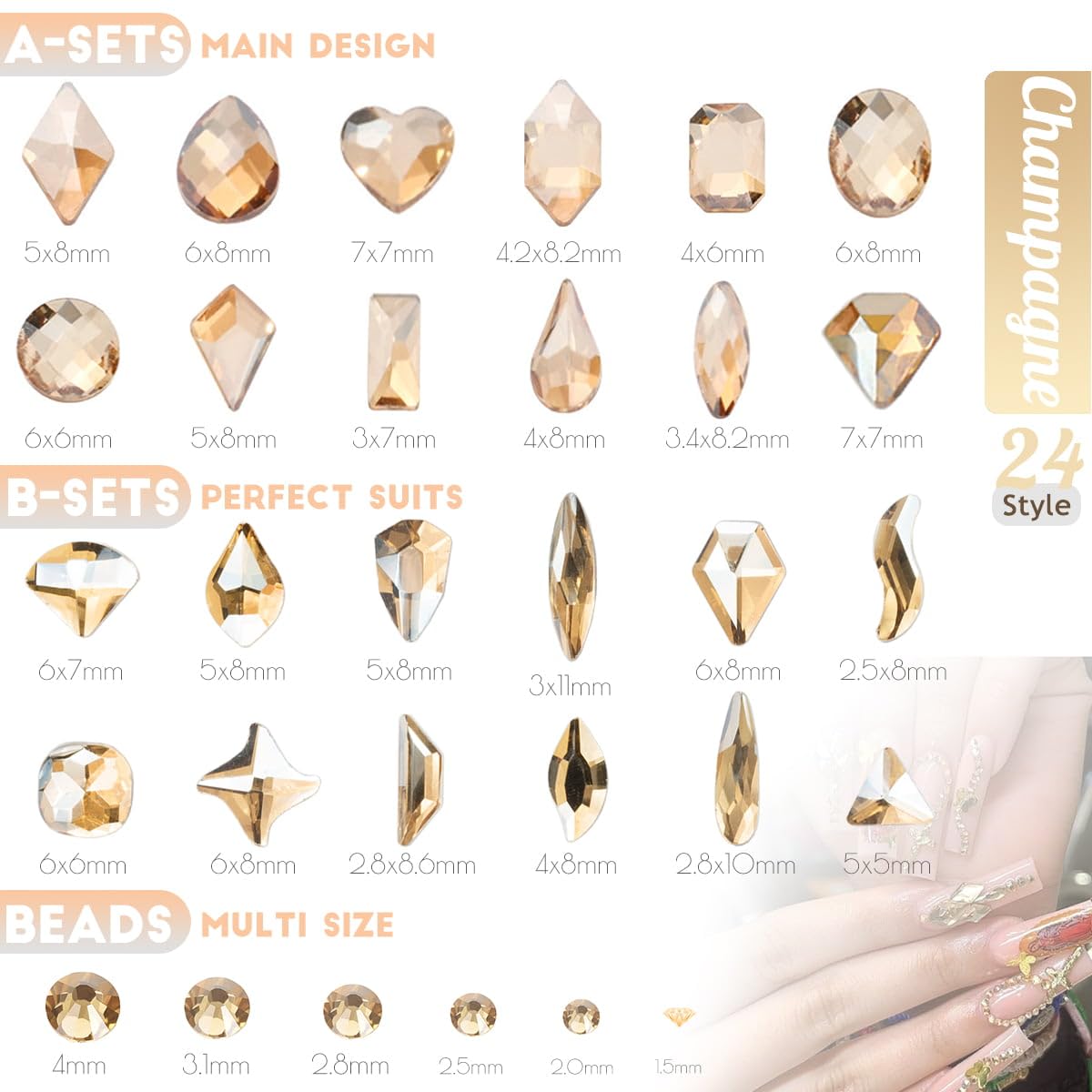 4 Boxes Champagne Gold Rhinestones and Glitters 24 Shapes K9 Glass Golden Gems Flatback Round Stones Diamonds Crystals Nail Art Charms Supplies for Nails Face Eyes Makeup Crafts Clothes Shoes