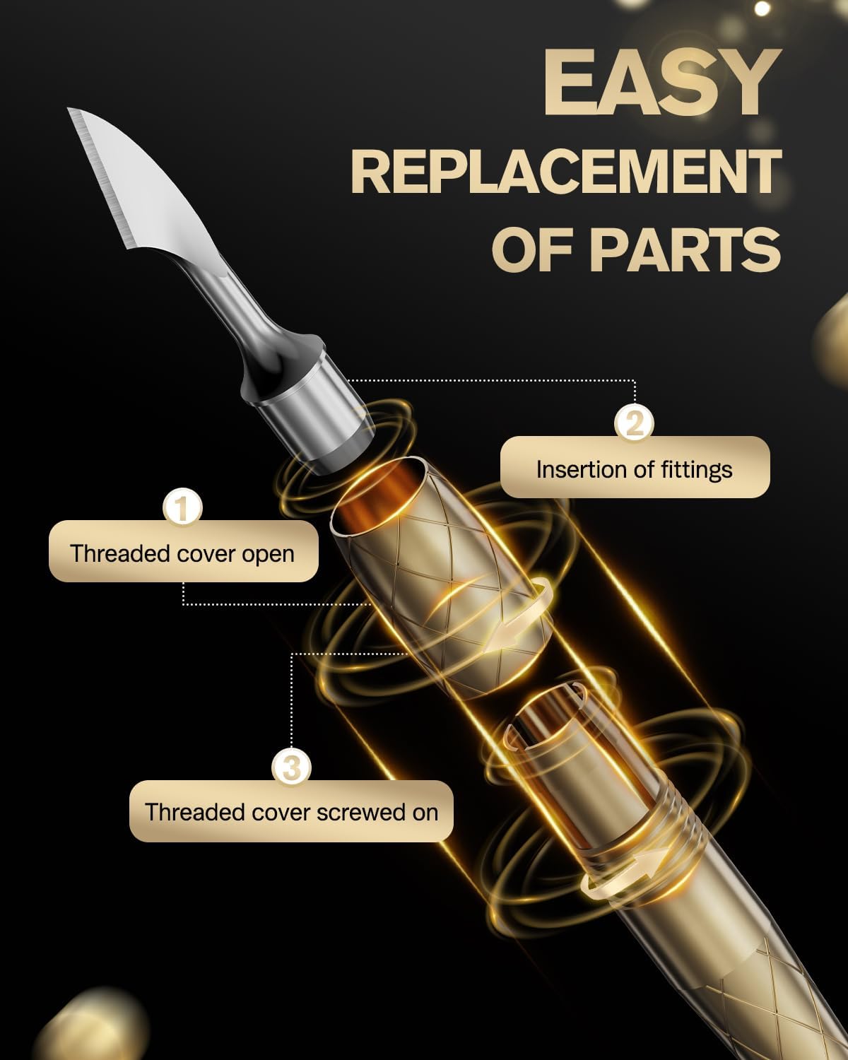 FERYES 4-in-1 Cuticle Pusher Tool-Curved/Smooth/Chisel/Horseshoe Heads + Thread-Lock Handle for Secure Salon Manicures