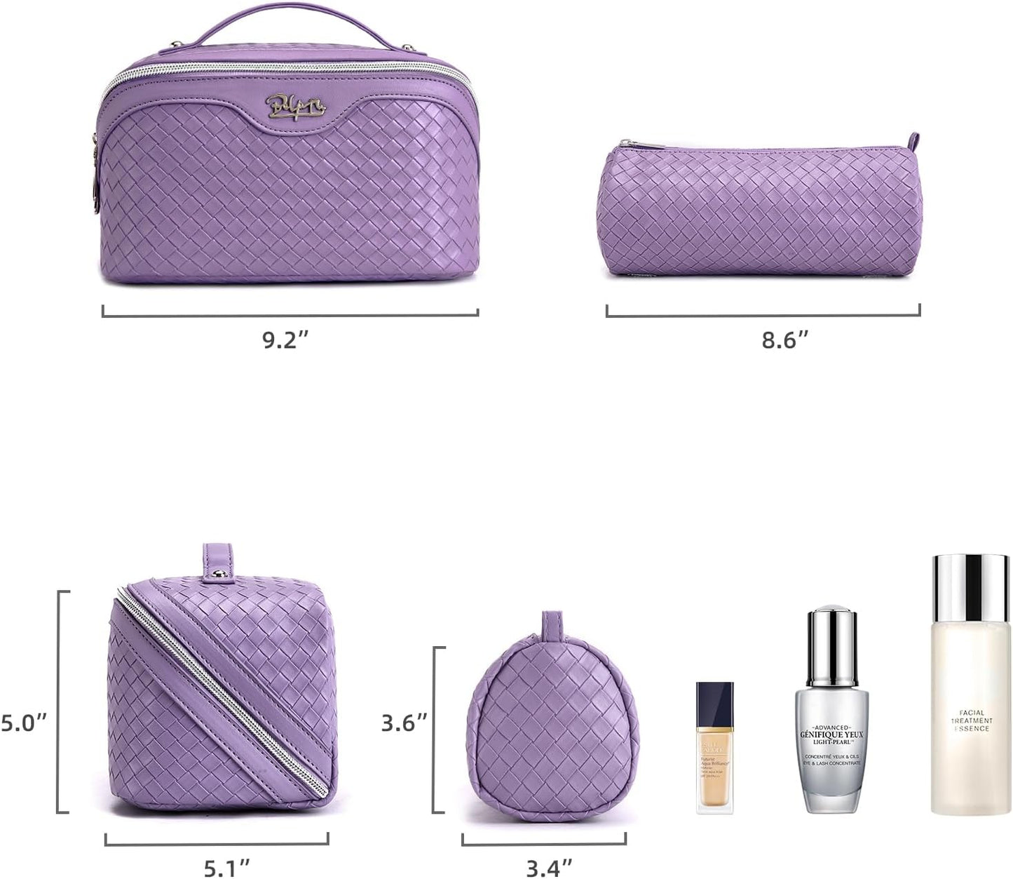 BOYATU Travel Makeup Bag Cosmetic Bags for Women: Large Capacity 3 Pcs Set Make up Bag with Compartments - Waterproof Vegan Leather Toiletry Organizer Bags with Handle - Travel Essentials(L01 Purple)