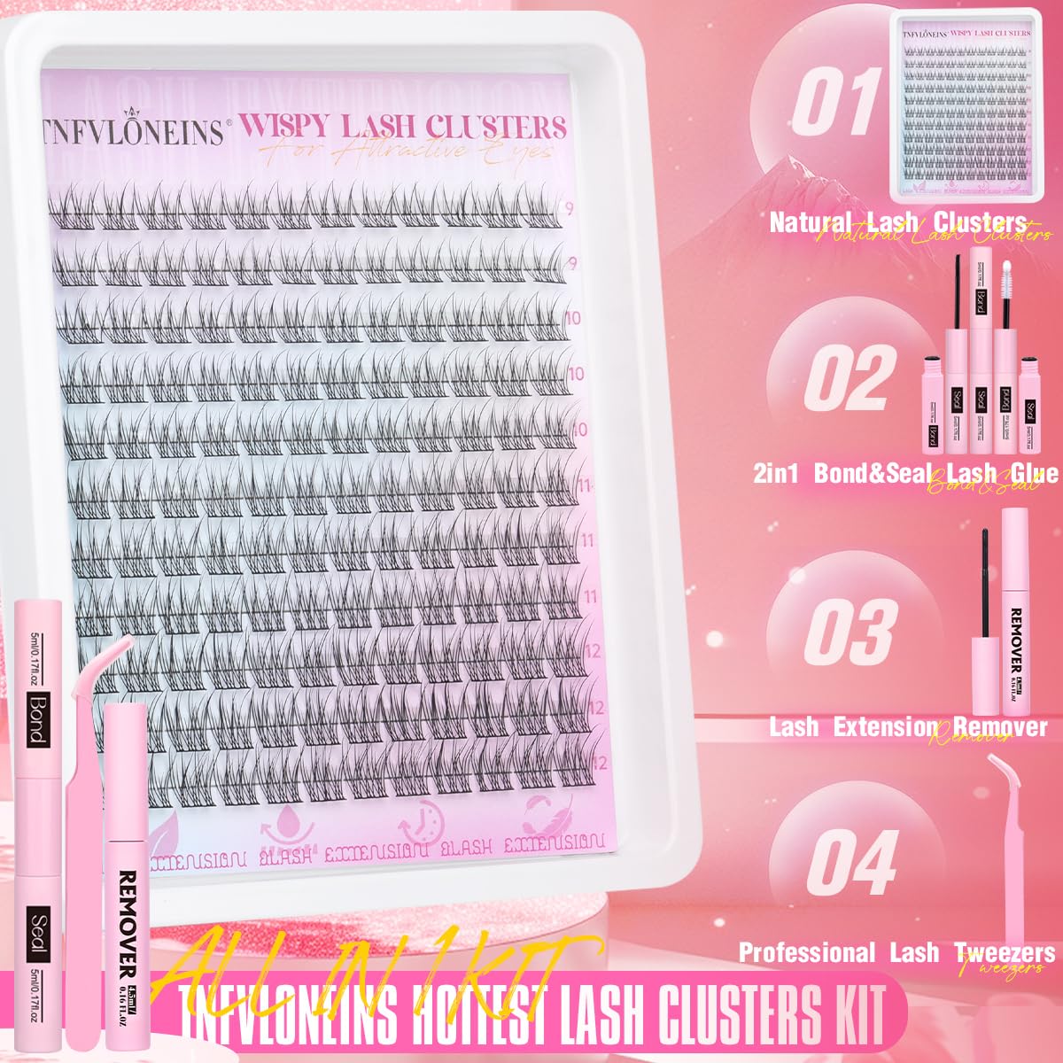 Wispy Lash Clusters Kit Natural Lash Extension Kit 9-12MM Cluster Eyelash Extensions Kit DIY Eyelash Extension Kit Individual Lashes Clusters Eyelash Extension with Lash Remover by TNFVLONEINS