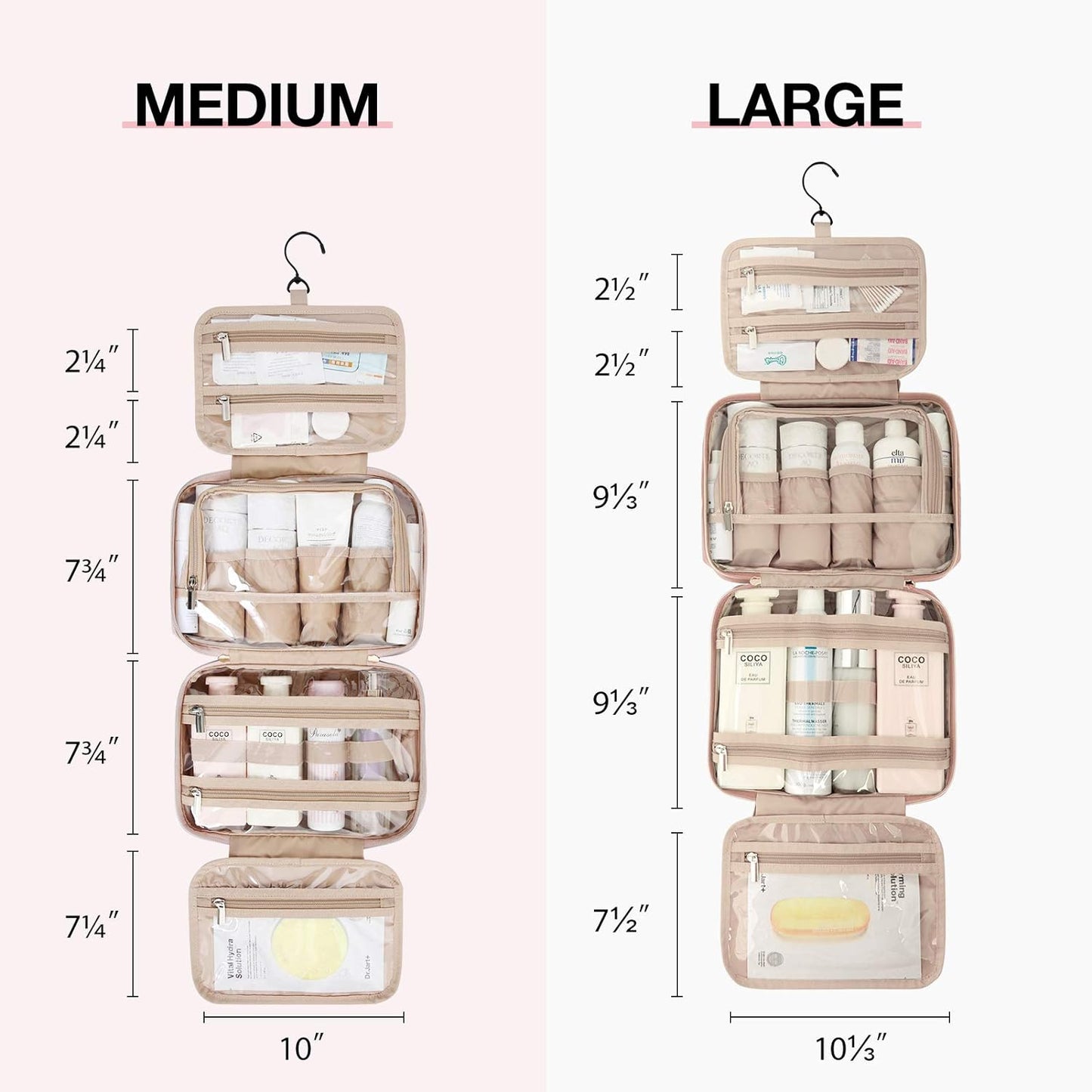 BAGSMART Toiletry Bag Hanging Travel Makeup Organizer with TSA Approved Transparent Cosmetic Bag Makeup Bag for Full Sized Toiletries, Medium-Pink