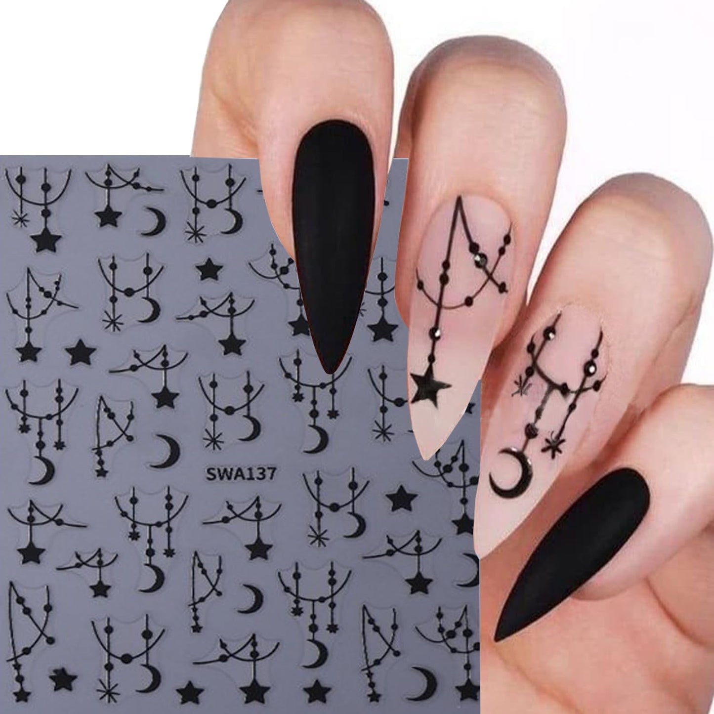 6 Sheets Moon Star Nail Art Stickers 3D Self -Adhesive Hollow Stars Nail Decals Holographic Black & Silver Pendant Star Moon Nail Stickers Unique Nail Decoration for Women Manicure Supplies