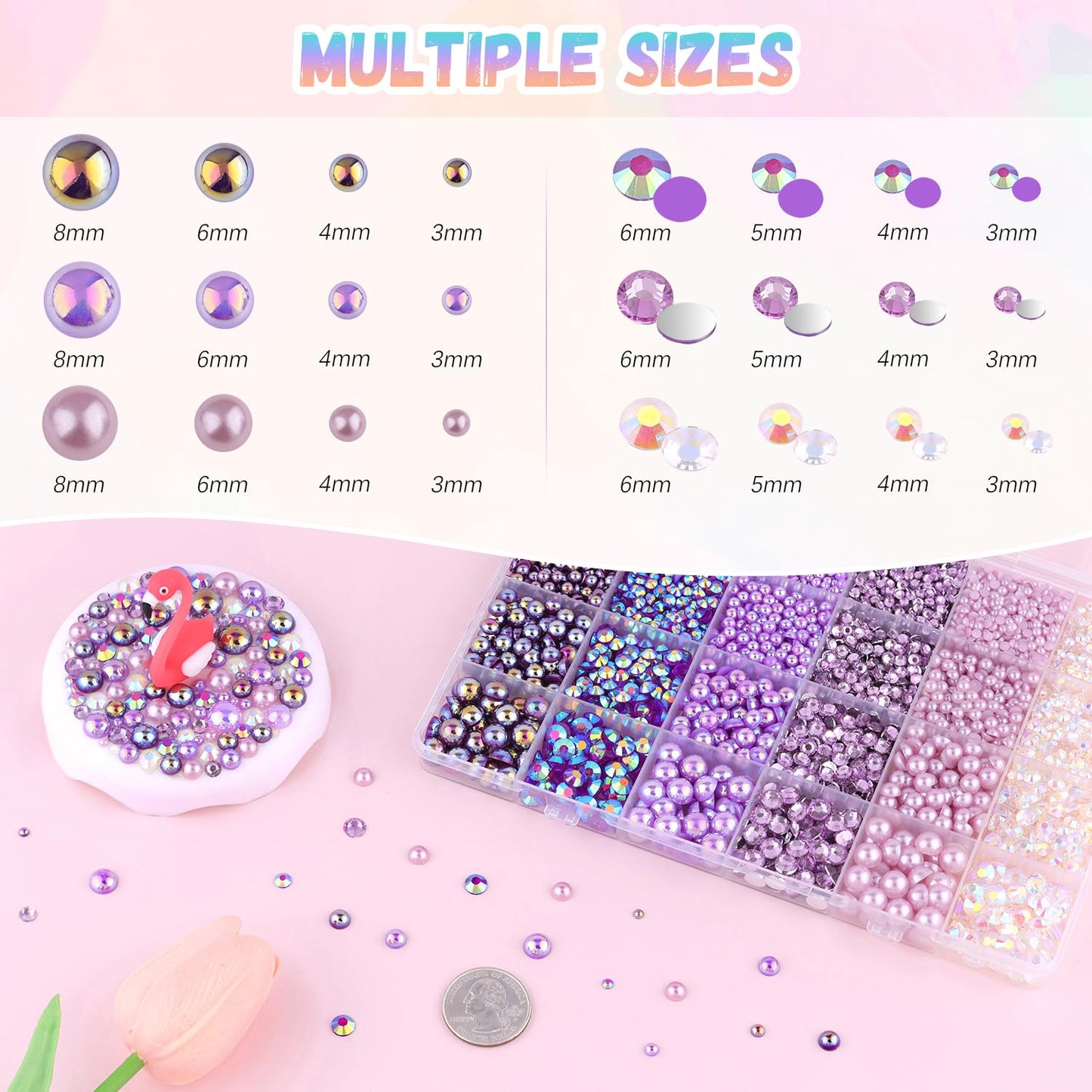 9000Pcs Flatback Pearls and Rhinestones for Crafting, Purple Series Mixed Size 3-8mm Resin Rhinestones and Half Pearls for Bedazzling, Nail Art with Tweezers and Pickup Pencil