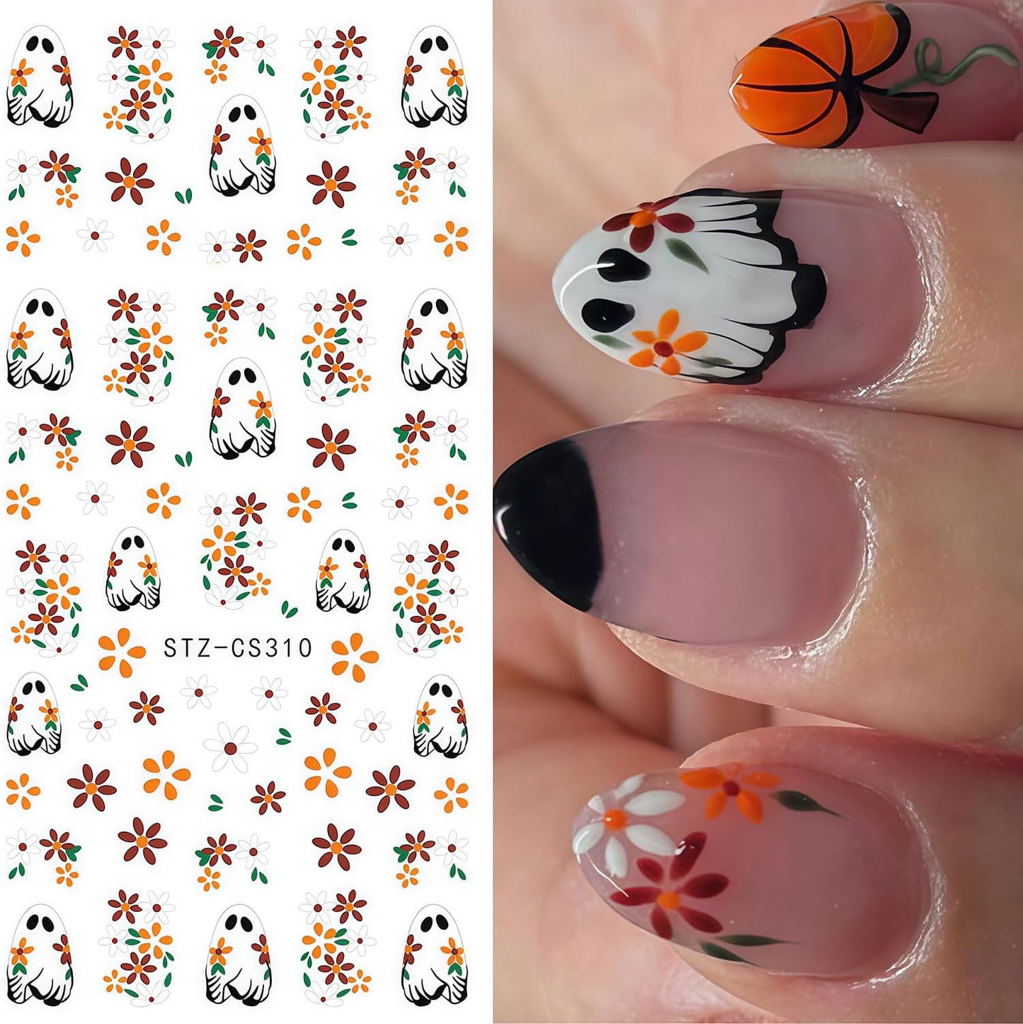 6 Sheets Ghost Nail Stickers for Nail Art, Halloween Nail Decals 3D Self-Adhesive Flower and Spooky Ghost Fall Stickers Design French Tip Nails Sticker Halloween DIY Manicure Decoration for Women