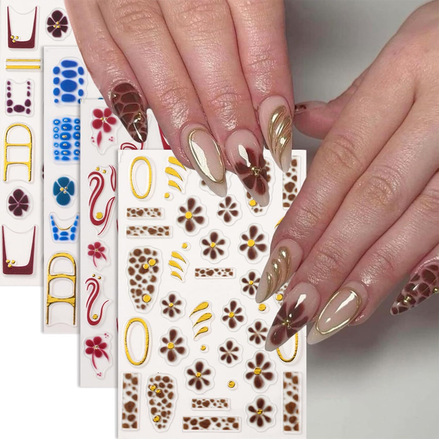 5 Sheets Autumn Winter Flower Nail Art Stickers 3D Self-Adhesive Nails Stickers Floral Strawberry Daisy Pattern French Tip Design Wine Red Brown Blue Gold 3D Decals Women DIY Nail Art Decoration