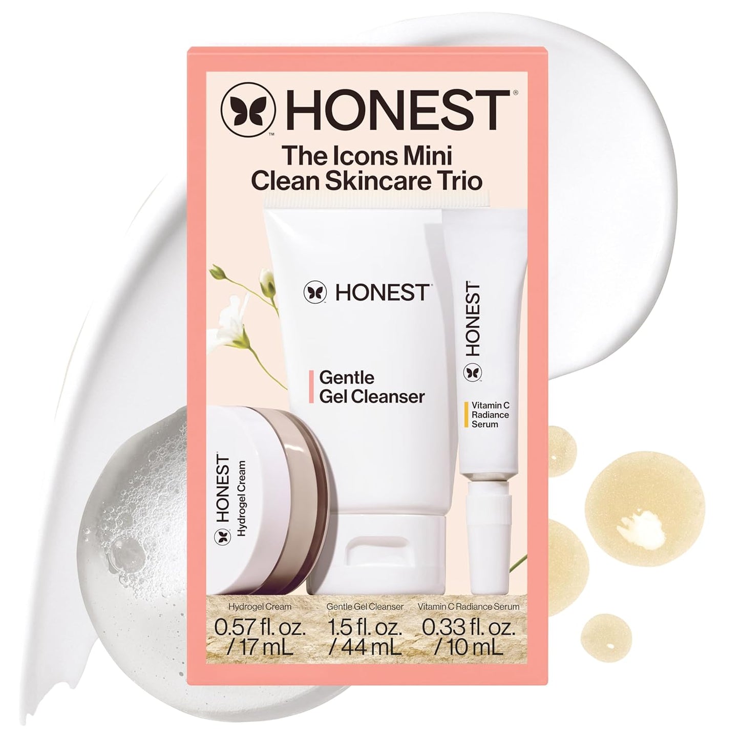 Honest Beauty The Icons Skincare Trio Travel Kit | Mini Hydrogel Cream, Gentle Gel Cleanser, Vitamin C Radiance Serum | Gentle for Sensitive Skin + Vegan