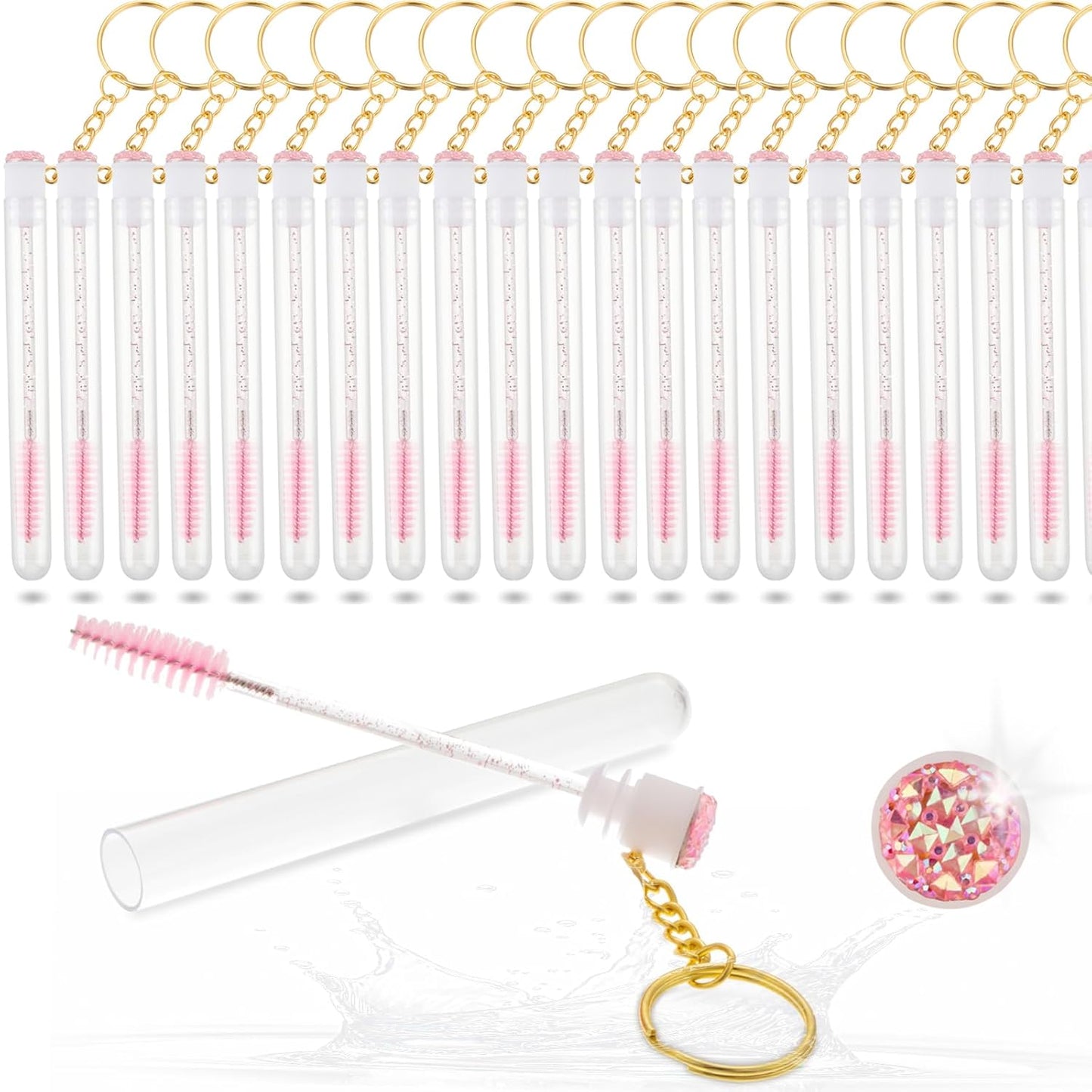 Upgrade 48 Pieces Disposable Mascara Wands Set,Mascara Brush Tube for Women and Girls- Include 24 Pcs Crystal Lash Spoolies Brush and 24 Pcs Reusable Keychain Empty Eyelash Brush Tubes(Pink)