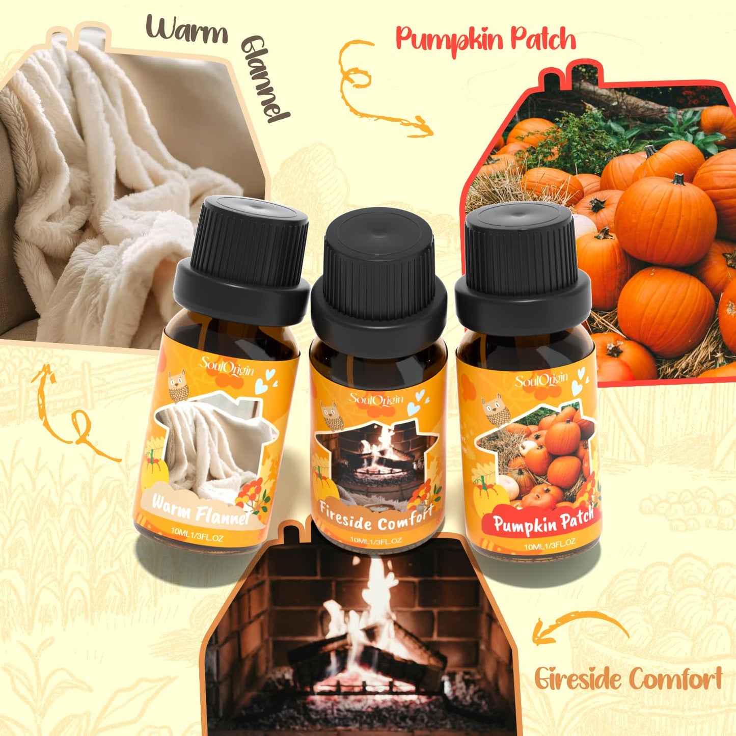 Fall Cozy Cabin Fragrance Oils Set, Essential Oil for Diffuser, Use for Soap Candle Making-Smoky Cedar Wood, Roasted Marshmallows, Autumn Leaves, Warm Flannel, Fireplace Time, Pumpkin Patch
