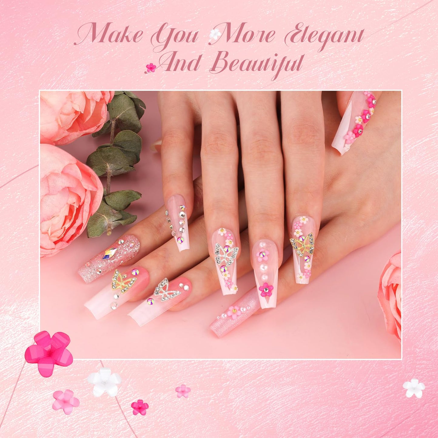 3D Nail Charms and Gems Set 4 with Rhinestone Glue, 20PCS Gold and Silver Chunky Butterfly Nail Charms, 3D Flowers for Nails, Crystal and Pearls + Metal Caviar Beads + Picker Tool for Y2K Nail Decor