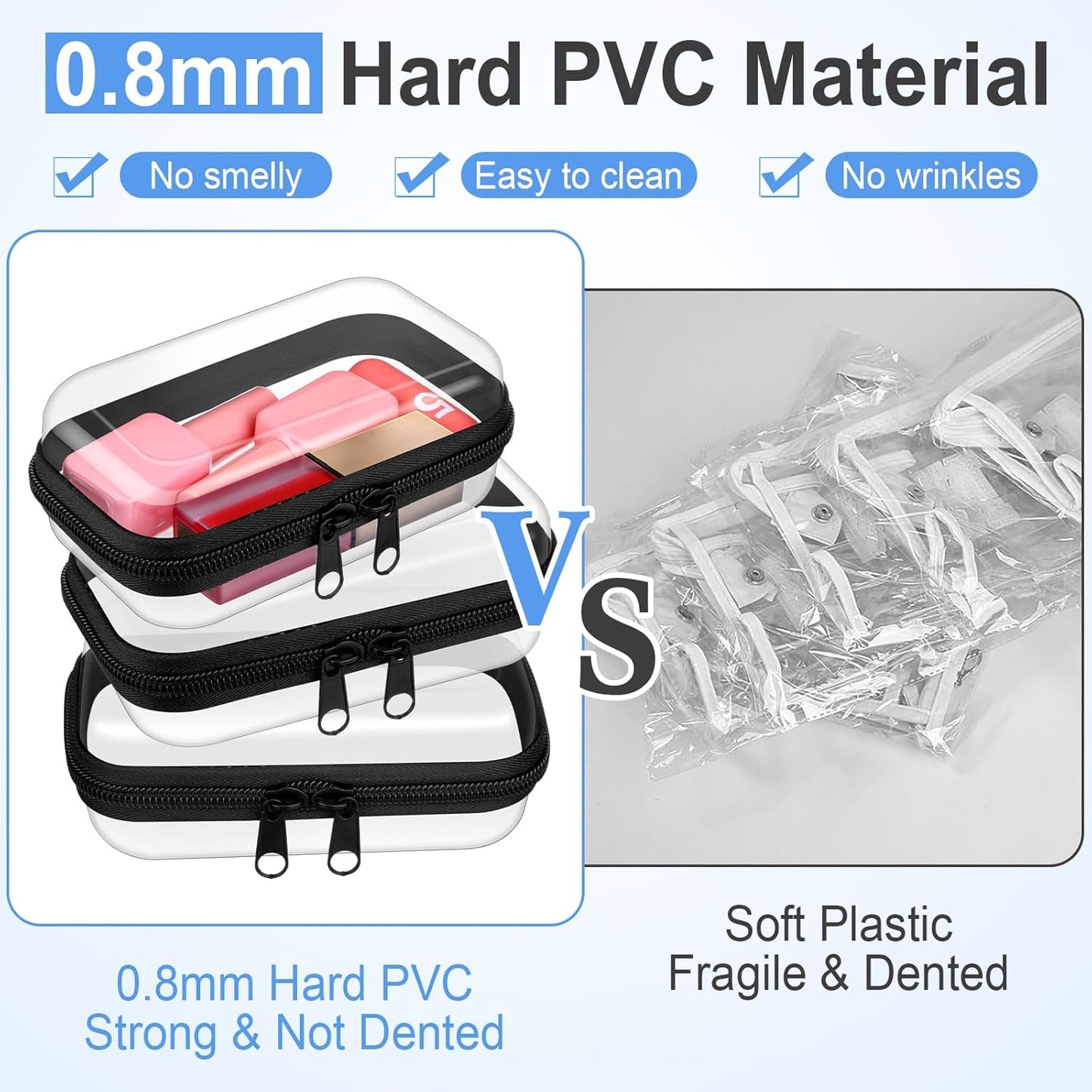 Hoolerry 3 Pcs Clear Hard Zipper Case Plastic Pouch Transparent Hard Case Clear Makeup Bag Portable Travel Organizer Bin for Cosmetics, Building Blocks, Puzzles(Black,Xs)