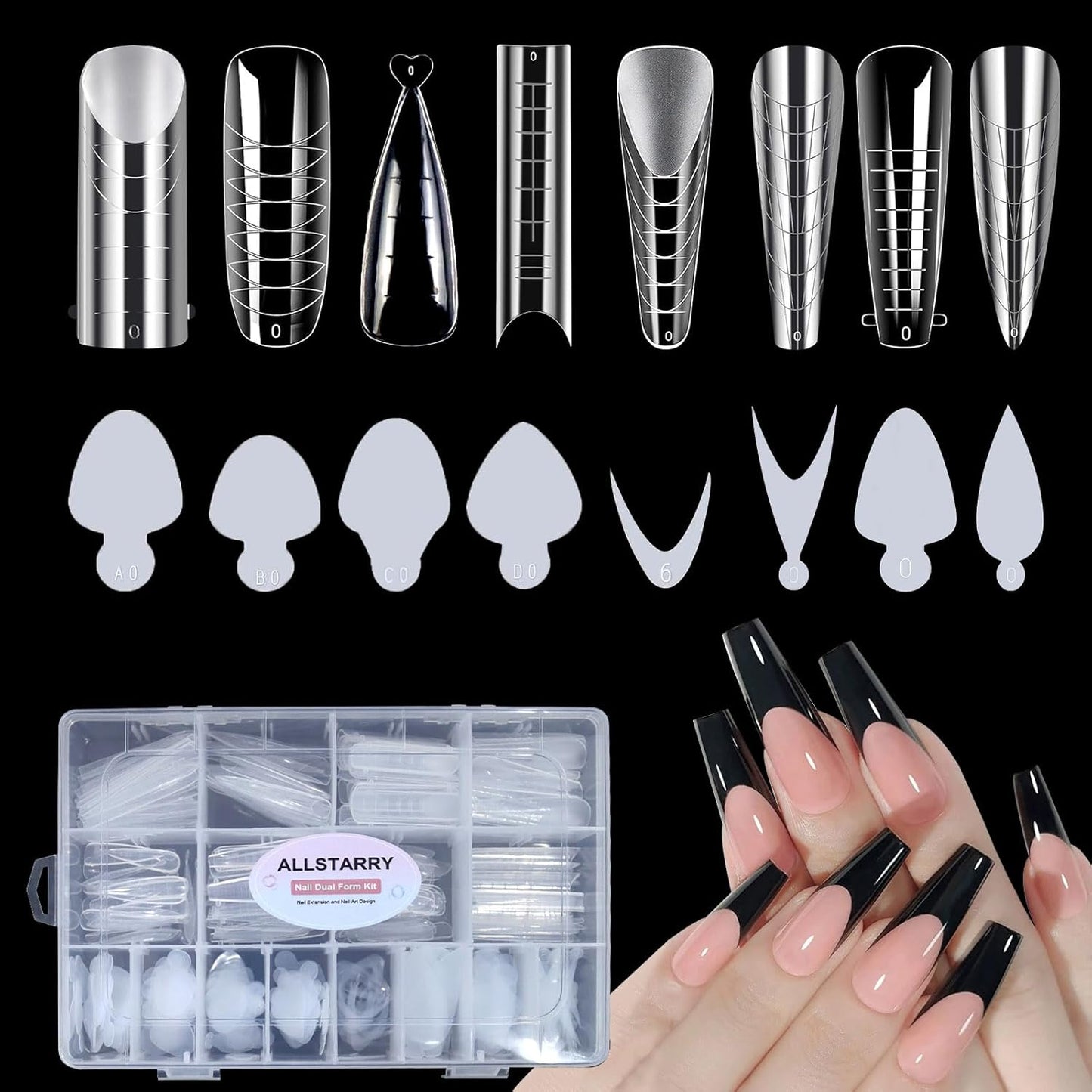 Allstarry 384pcs Nail Dual Forms, Silicone French Nail Forms for Poly Gel Nail Gel Extension Full Cover Acrylic Nail Tips 8 tpye nail form and Silicone Reusable Stickers for Manicure Extension